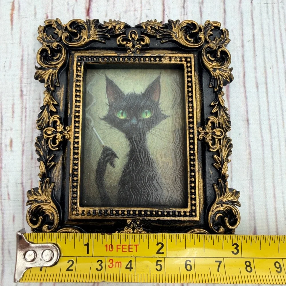 Smoking Black Cat Ornate Gold Black Resin Frame Decoupage Art Print 3.75x3.25